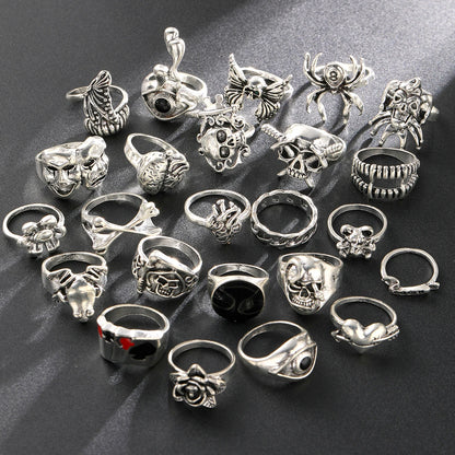 24 Piece Gothic Punk Ring Set for Men Skeleton Butterfly and Frog Jewelry