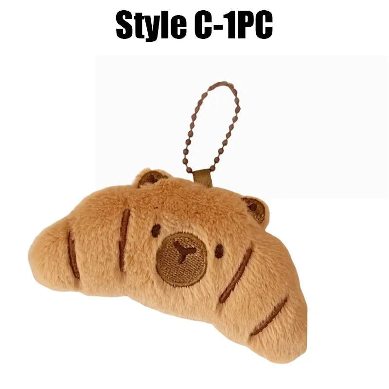 Cartoon Capybara & Croissant Plush Keychain | Soft Bread Food Stuffed Hanging Accessory
