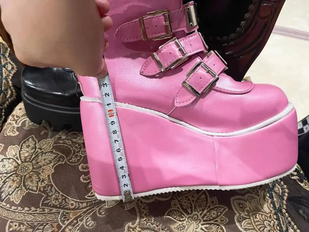 Women's Gothic Platform Wedge Mid-Calf Boots – Buckle Strap PU Leather | EU 35–43, 3 Colors