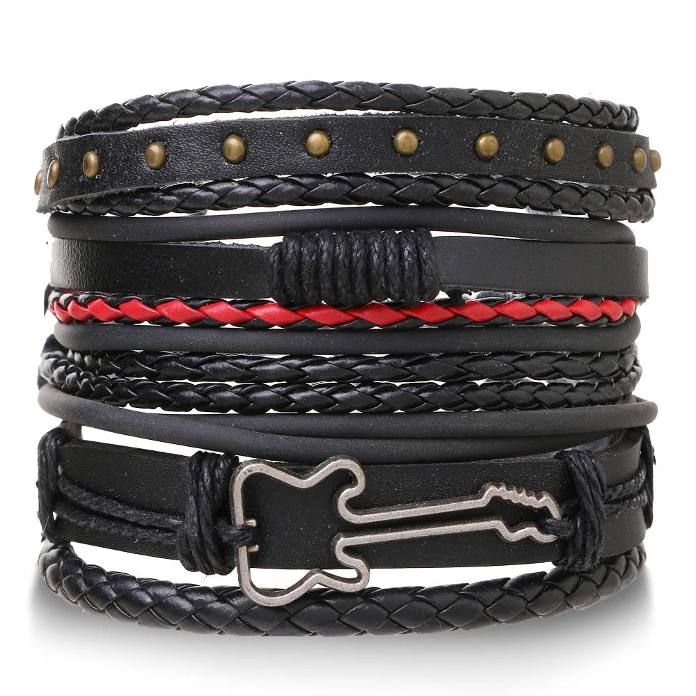 Men's Viking Leather Bracelet Woven Skull Adjustable Cuff