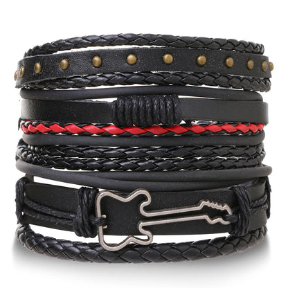 Men's Viking Leather Bracelet Woven Skull Adjustable Cuff