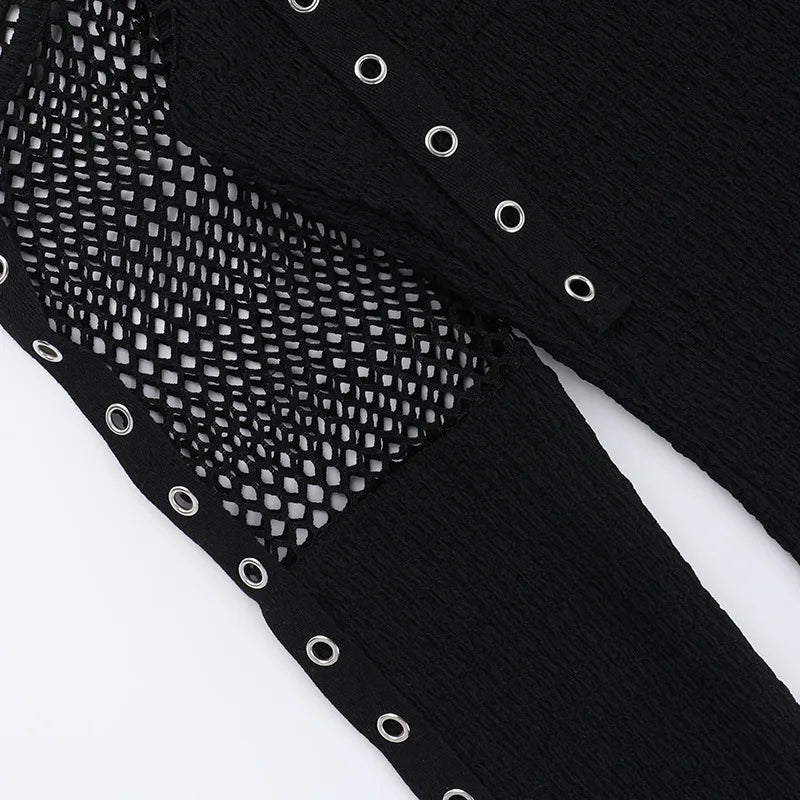 Women's Goth Dark Punk Fishnet Patchwork Off-Shoulder T-Shirt | Halter Crop Top Mall Gothic Streetwear