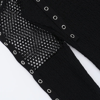 Women's Goth Dark Punk Fishnet Patchwork Off-Shoulder T-Shirt | Halter Crop Top Mall Gothic Streetwear