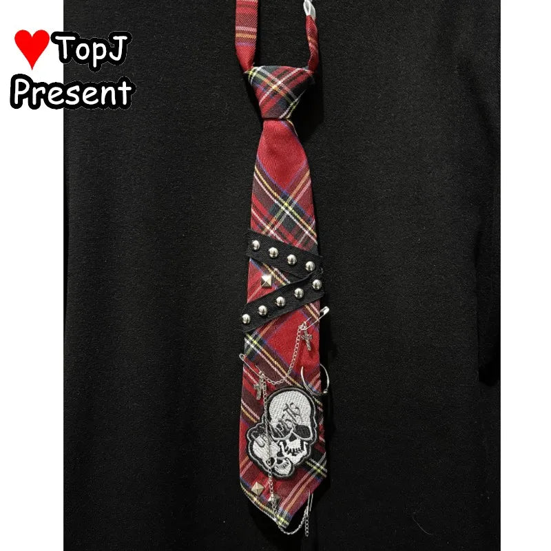 Unisex Harajuku Gothic Punk Y2K JK Tie | Skull Rivet Lazy Zipper Chain Accessory for Men & Women