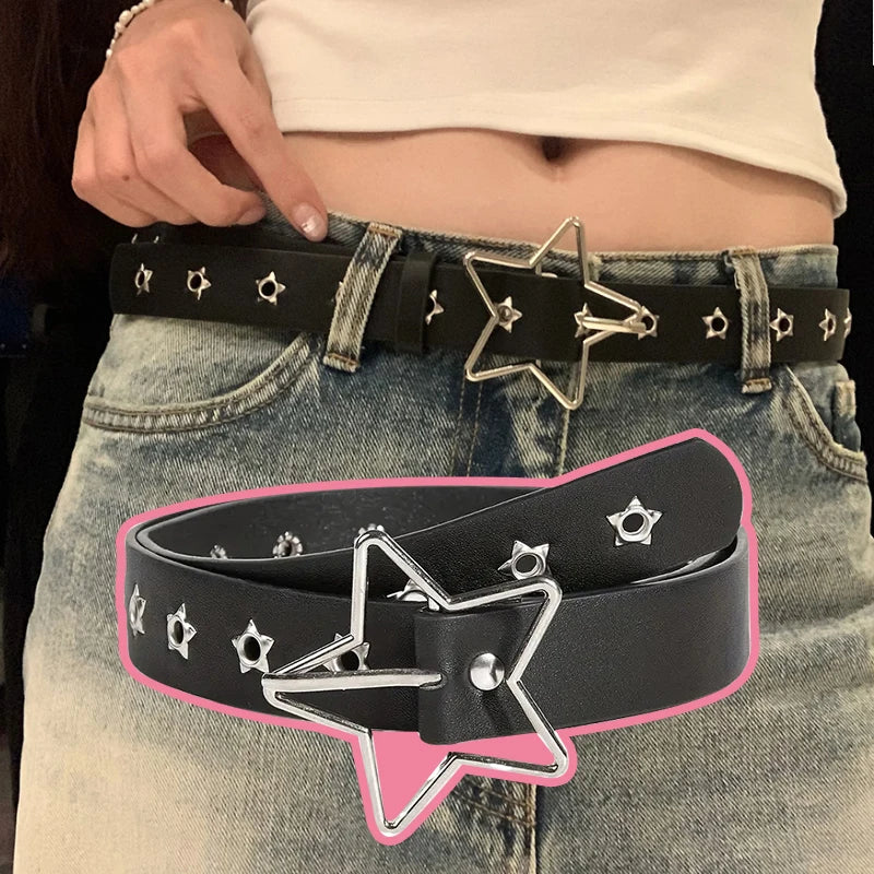 Y2K Punk Star Eyelet Belt – Goth PU Leather Rivet Belt