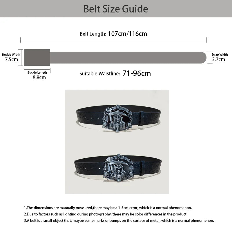 Men's Gothic Punk Skull Embossed Leather Belt Skeleton Reaper and Snake Designs