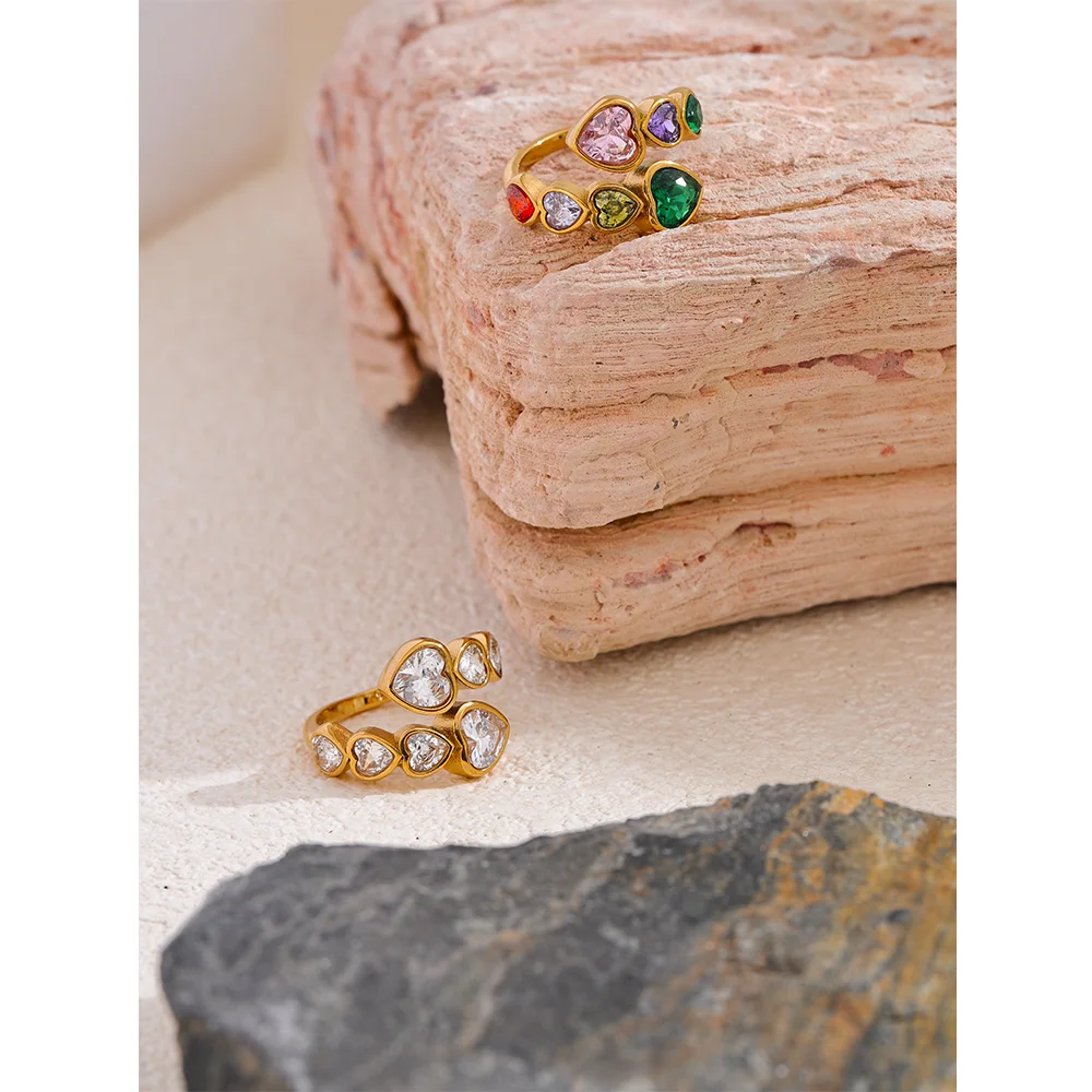 Cubic Zirconia Heart Open Ring in 18K Gold Plated Stainless Steel