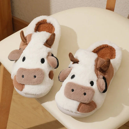 Cartoon Cow Plush Slippers – Warm Anti-Slip Indoor House Shoes for Men and Women