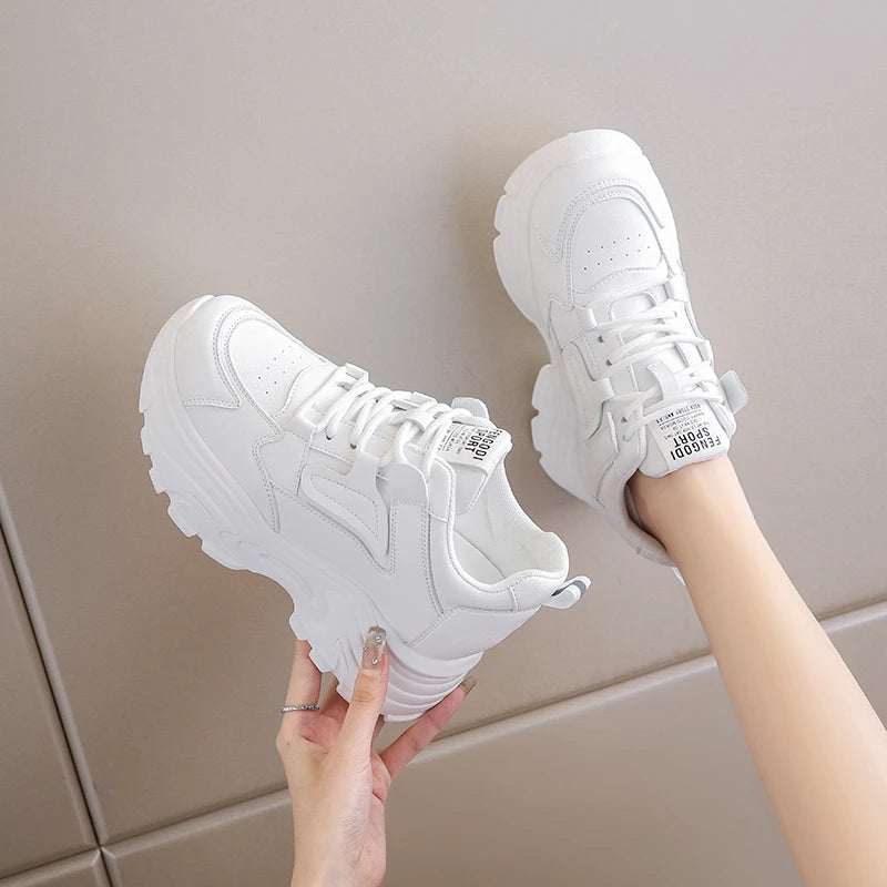Rimocy Women's White Platform Sneakers – 7cm Chunky Sole PU Leather Lace-Up Shoes