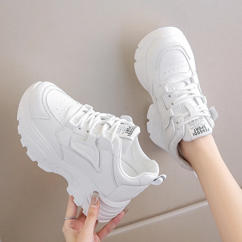 Rimocy Women's White Platform Sneakers – 7cm Chunky Sole PU Leather Lace-Up Shoes