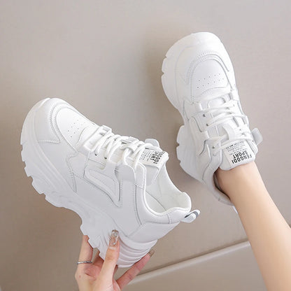 Rimocy Women's White Platform Sneakers – 7cm Chunky Sole PU Leather Lace-Up Shoes