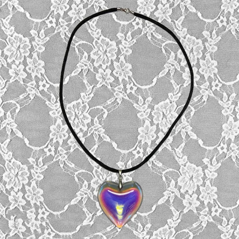 Women's Big Red Glass Heart Pendant Necklace | Y2K Crystal Stone Jewelry with Black String