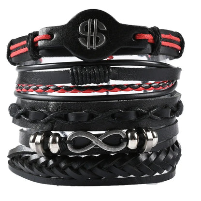 Men's Viking Leather Bracelet Woven Skull Adjustable Cuff