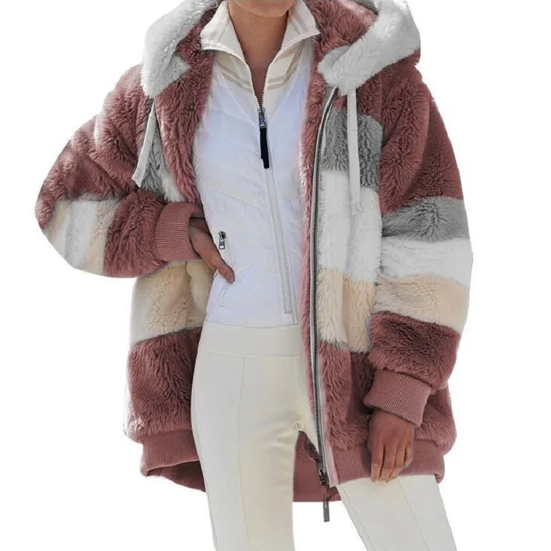 Women's Oversized Hooded Plush Jacket – Warm Zip-Up Streetwear Coat | S–5XL, 9 Colors