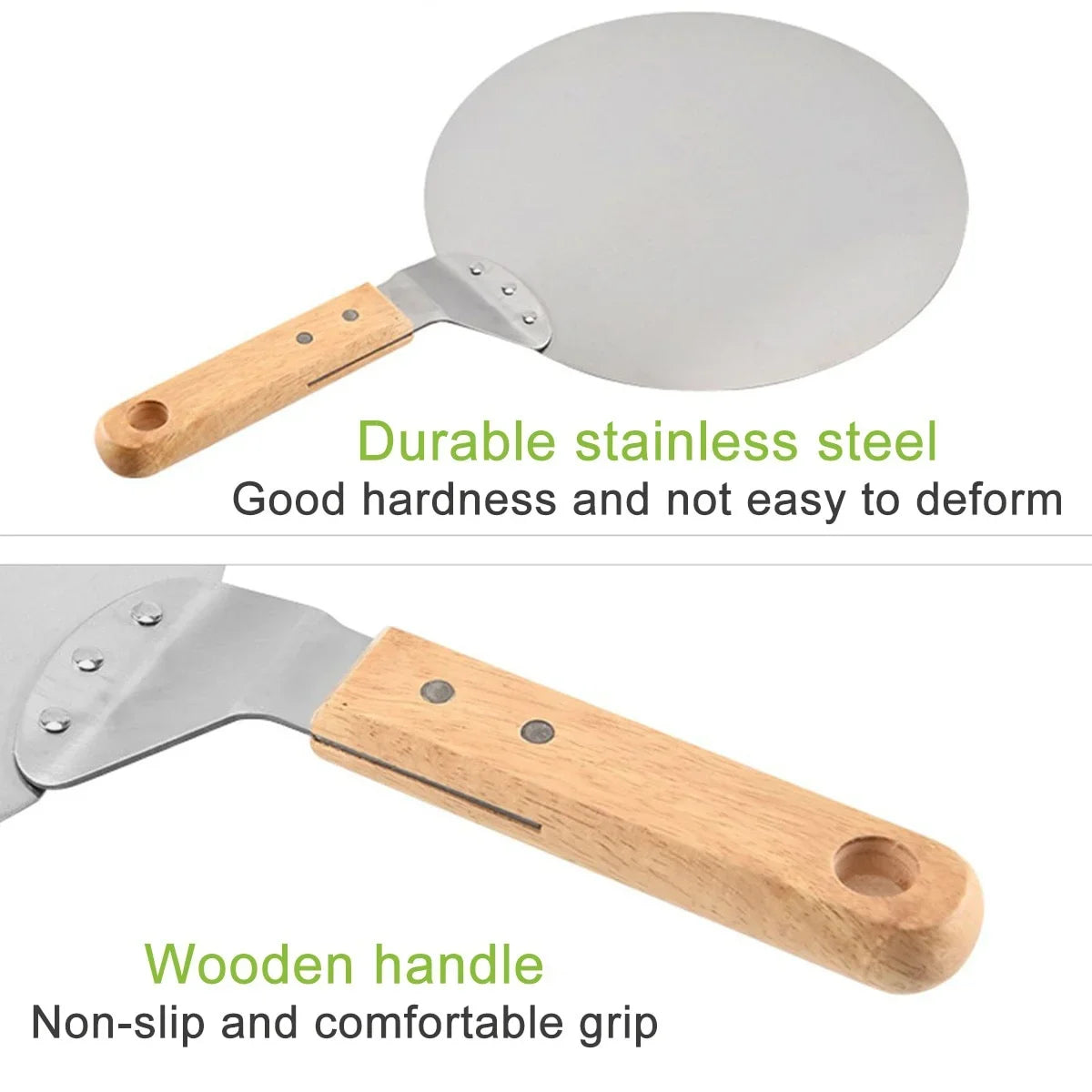 Stainless Steel Pizza Shovel with Wood Handle | 10–12 inch Anti-Scald Round Pizza Peel & Bakeware
