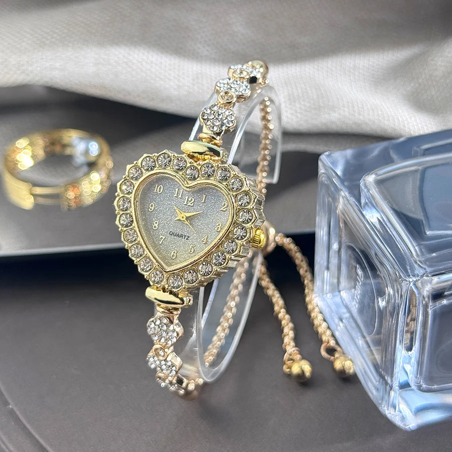 Women's Heart-Shaped Ribbon Strap Diamond Watch | Adjustable Bracelet Fashion Wristwatch