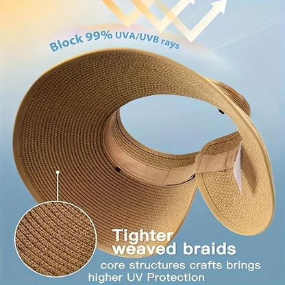 Women's Foldable Wide Brim Straw Beach Hat – UV Protection Sun Cap