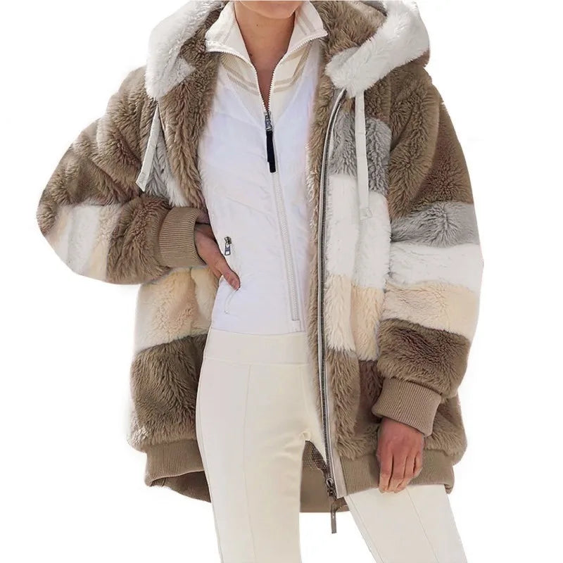 Women's Oversized Hooded Plush Jacket – Warm Zip-Up Streetwear Coat | S–5XL, 9 Colors