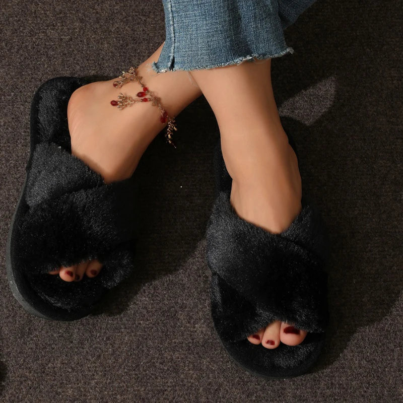 Cross Strap Fluffy Fur Slides for Women