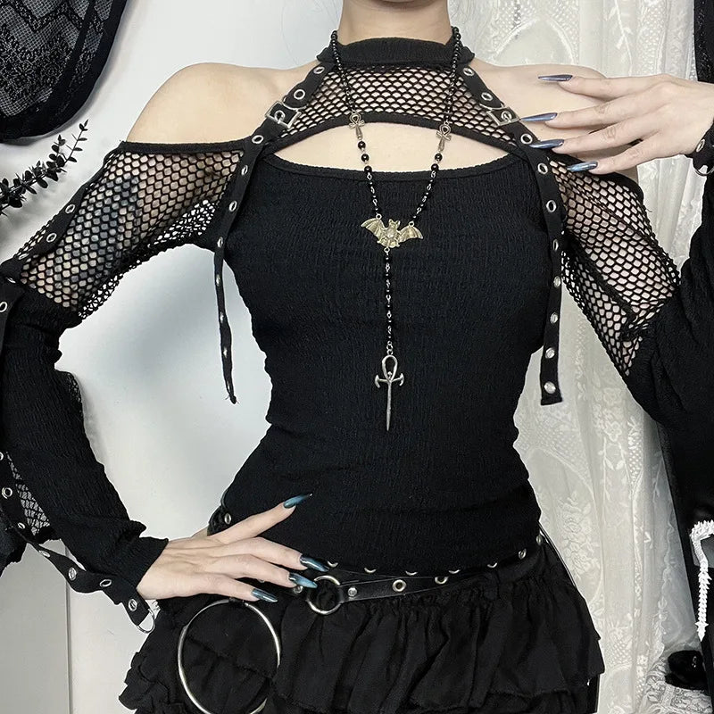 Women's Goth Dark Punk Fishnet Patchwork Off-Shoulder T-Shirt | Halter Crop Top Mall Gothic Streetwear