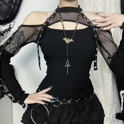 Women's Goth Dark Punk Fishnet Patchwork Off-Shoulder T-Shirt | Halter Crop Top Mall Gothic Streetwear