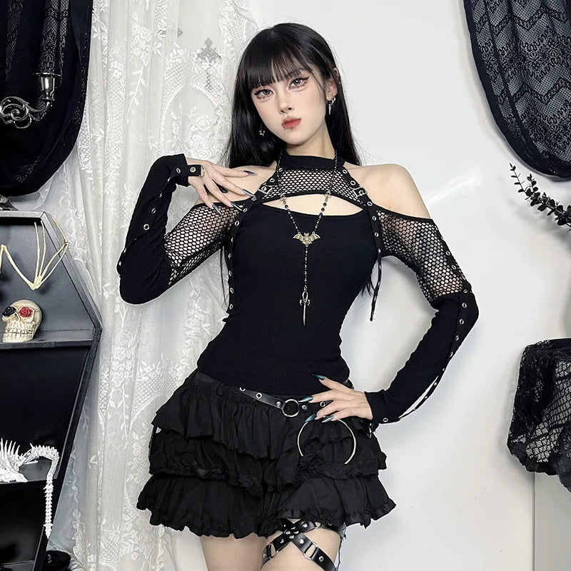 Women's Goth Dark Punk Fishnet Patchwork Off-Shoulder T-Shirt | Halter Crop Top Mall Gothic Streetwear