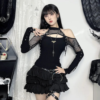 Women's Goth Dark Punk Fishnet Patchwork Off-Shoulder T-Shirt | Halter Crop Top Mall Gothic Streetwear