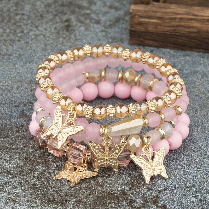 Butterfly Beaded Bracelet Set (4 Pcs)