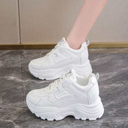 Rimocy Women's White Platform Sneakers – 7cm Chunky Sole PU Leather Lace-Up Shoes
