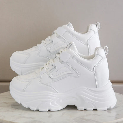 Rimocy Women's White Platform Sneakers – 7cm Chunky Sole PU Leather Lace-Up Shoes
