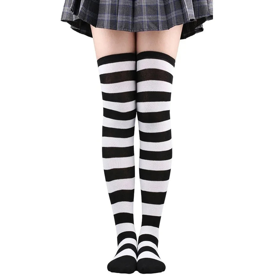 Women's Striped Thigh High Stockings | Black, White & Pink Over-Knee Lolita Harajuku Y2K Socks
