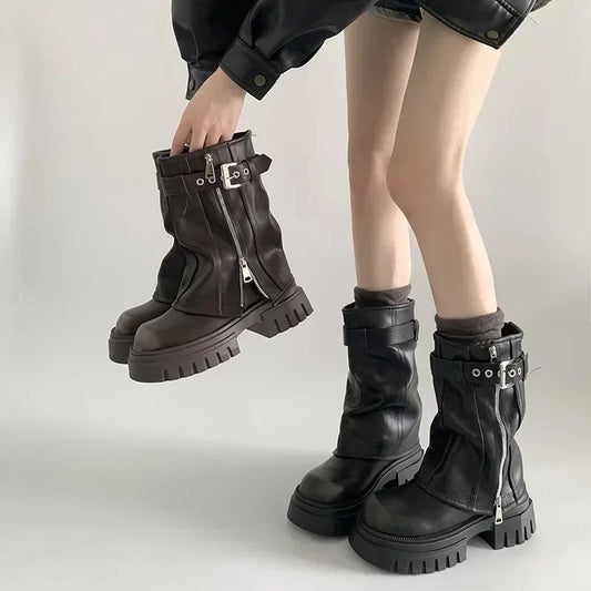 LEDP Women's Platform Biker Boots – Belt Buckle Mid-Calf Zip-Up Winter Boots