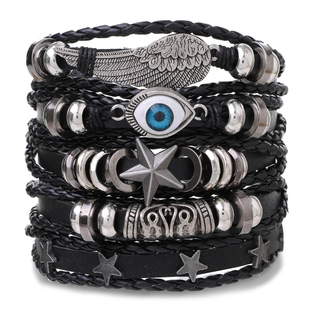 Men's Viking Leather Bracelet Woven Skull Adjustable Cuff