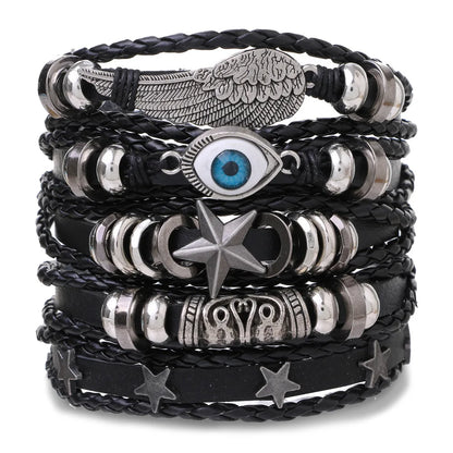 Men's Viking Leather Bracelet Woven Skull Adjustable Cuff