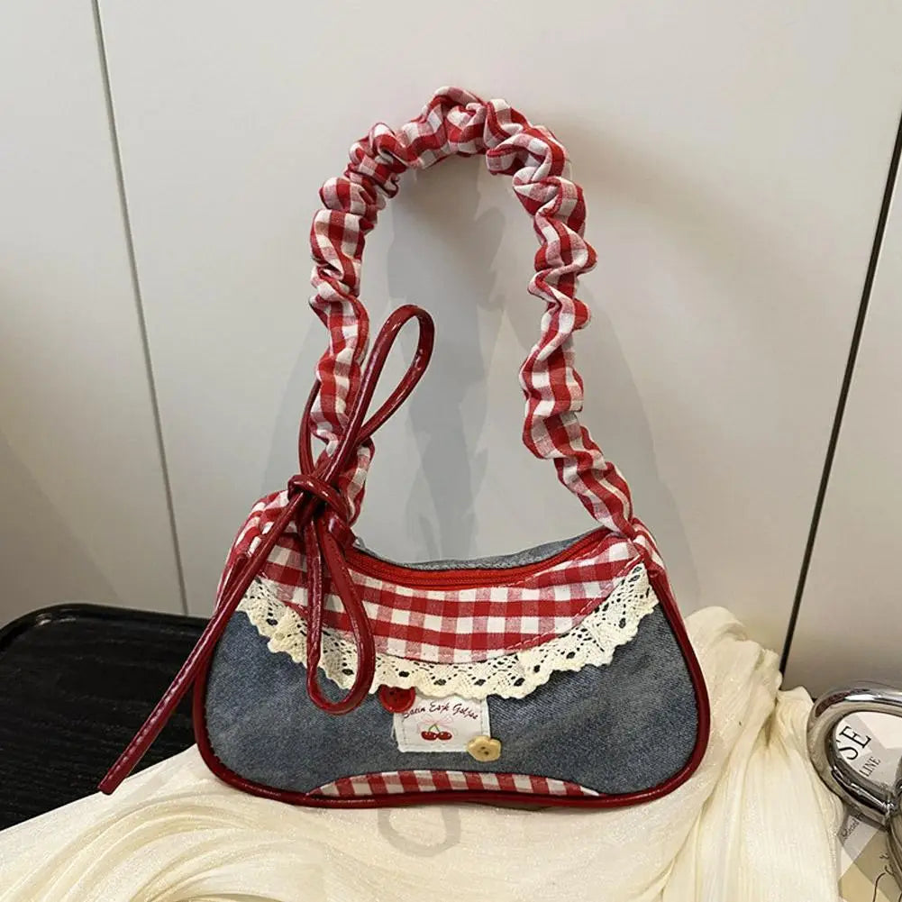 Women's Fashion Grid Shoulder Bag | Lace Ribbon Strap Underarm Handbag for Daily Commuting & Students