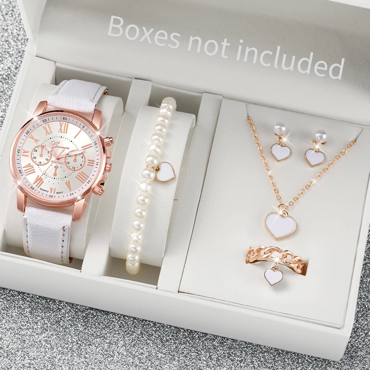 Women's Fashion Quartz Watch & Jewelry Set | 5/6pcs Heart Rhinestone Leather Band Wristwatch