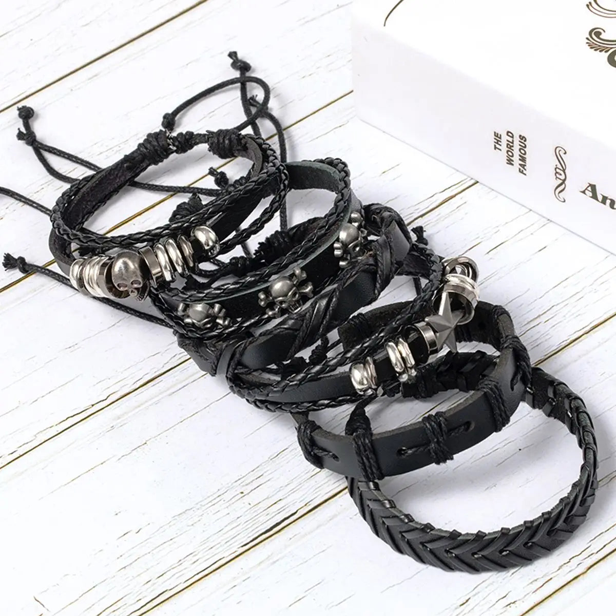 Punk Skull & Star Bracelet Set | 6pcs Unisex Alloy & PU Leather Chain Bracelets
