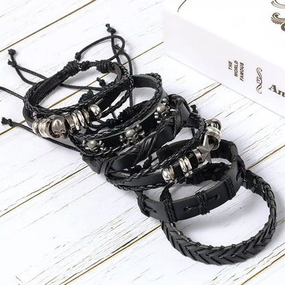 Punk Skull & Star Bracelet Set | 6pcs Unisex Alloy & PU Leather Chain Bracelets