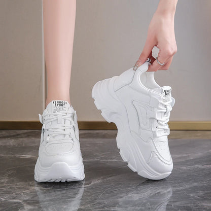 Rimocy Women's White Platform Sneakers – 7cm Chunky Sole PU Leather Lace-Up Shoes