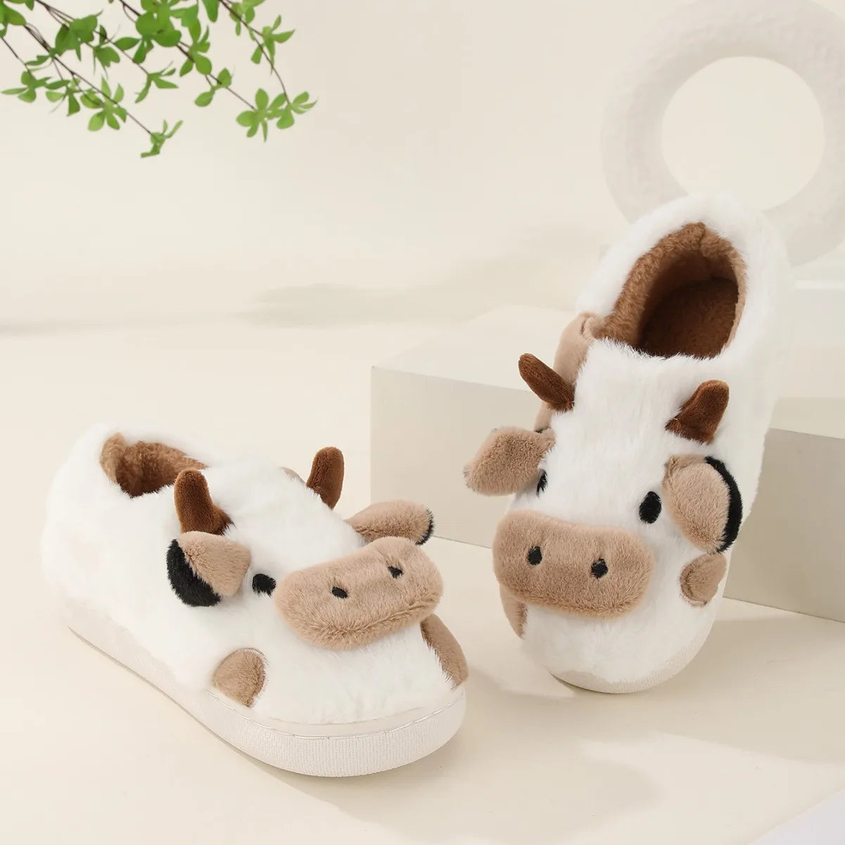 Cartoon Cow Plush Slippers – Warm Anti-Slip Indoor House Shoes for Men and Women