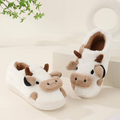 Cartoon Cow Plush Slippers – Warm Anti-Slip Indoor House Shoes for Men and Women