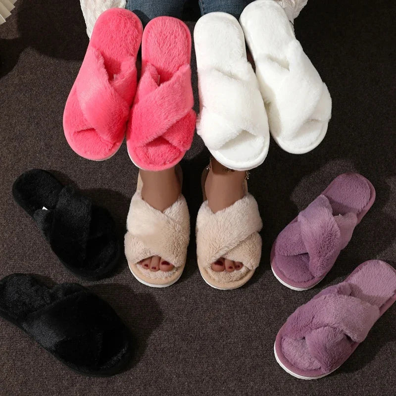 Cross Strap Fluffy Fur Slides for Women