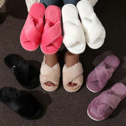 Cross Strap Fluffy Fur Slides for Women