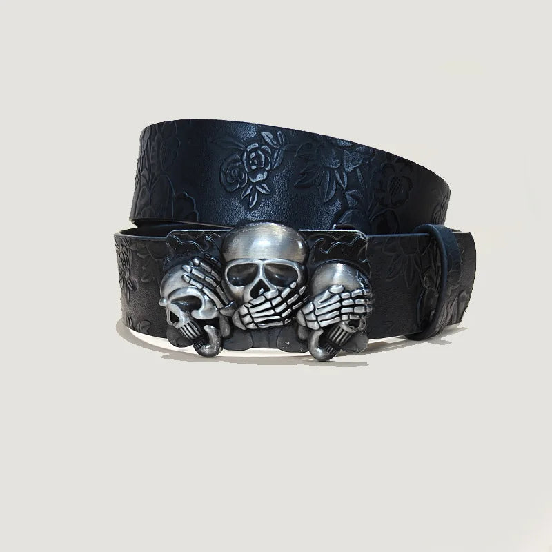 Men's Gothic Punk Skull Embossed Leather Belt Skeleton Reaper and Snake Designs