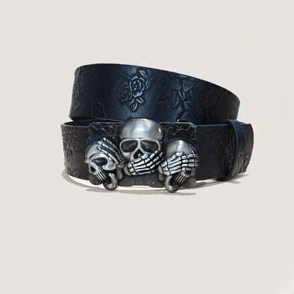 Men's Gothic Punk Skull Embossed Leather Belt Skeleton Reaper and Snake Designs