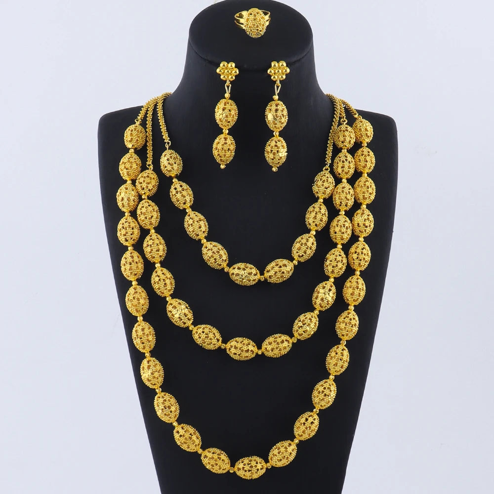 Women's Indian African Ethiopian Jewelry Set | Gold Color Hollow Oval Necklace, Earrings & Ring