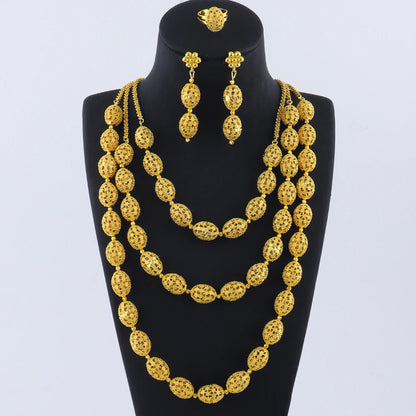 Women's Indian African Ethiopian Jewelry Set | Gold Color Hollow Oval Necklace, Earrings & Ring