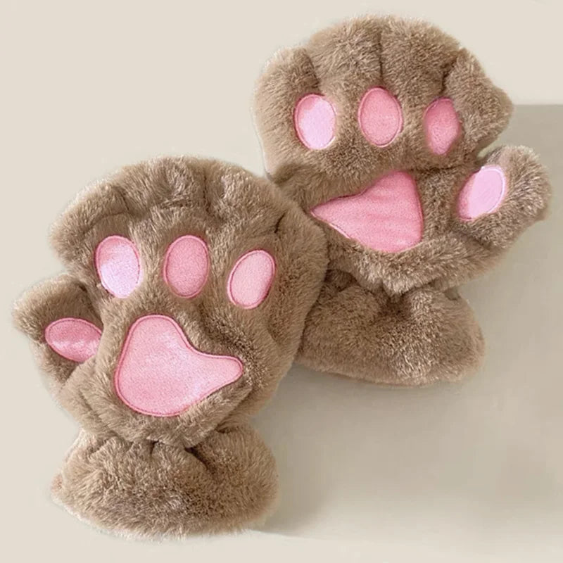 Cat Paw Plush Mittens – Cute Fingerless Fluffy Gloves for Women