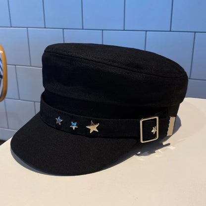 Women's Black Star Beret | British Retro Military Style Korean Fashion Cap for Spring, Autumn & Winter