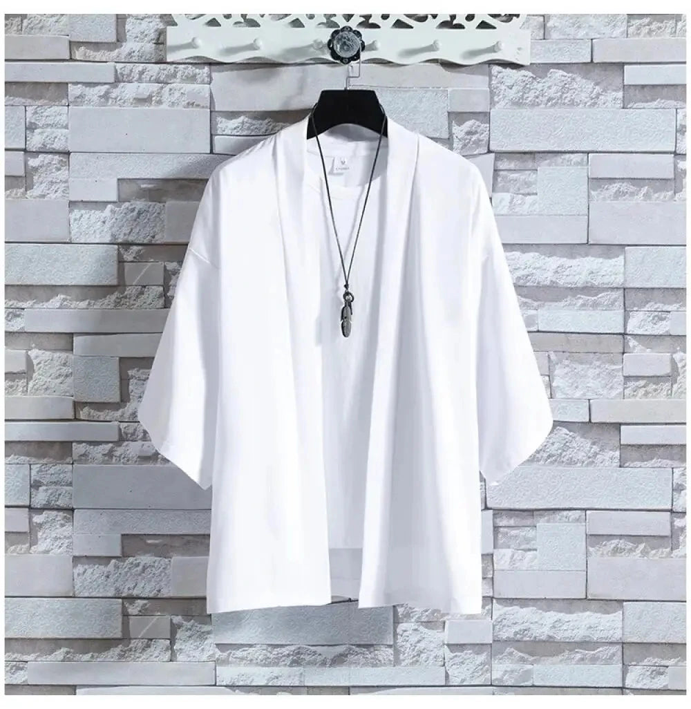 Men's Japanese Kimono Cardigan Shirt – Open Stitch Yukata, 3/4 Sleeve | XS–XXXL